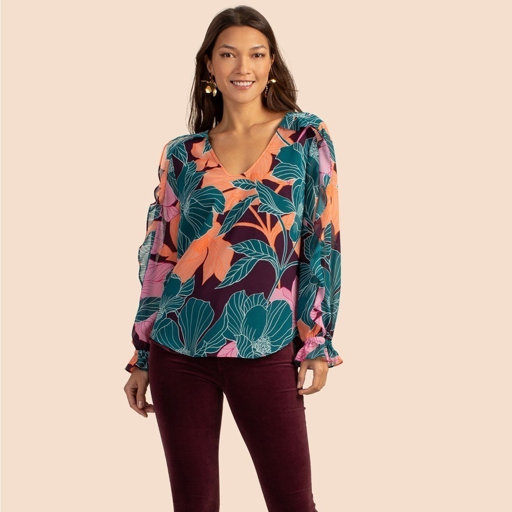 Trina Turk Owl Top multi color ruffle sheer sleeves size large new
